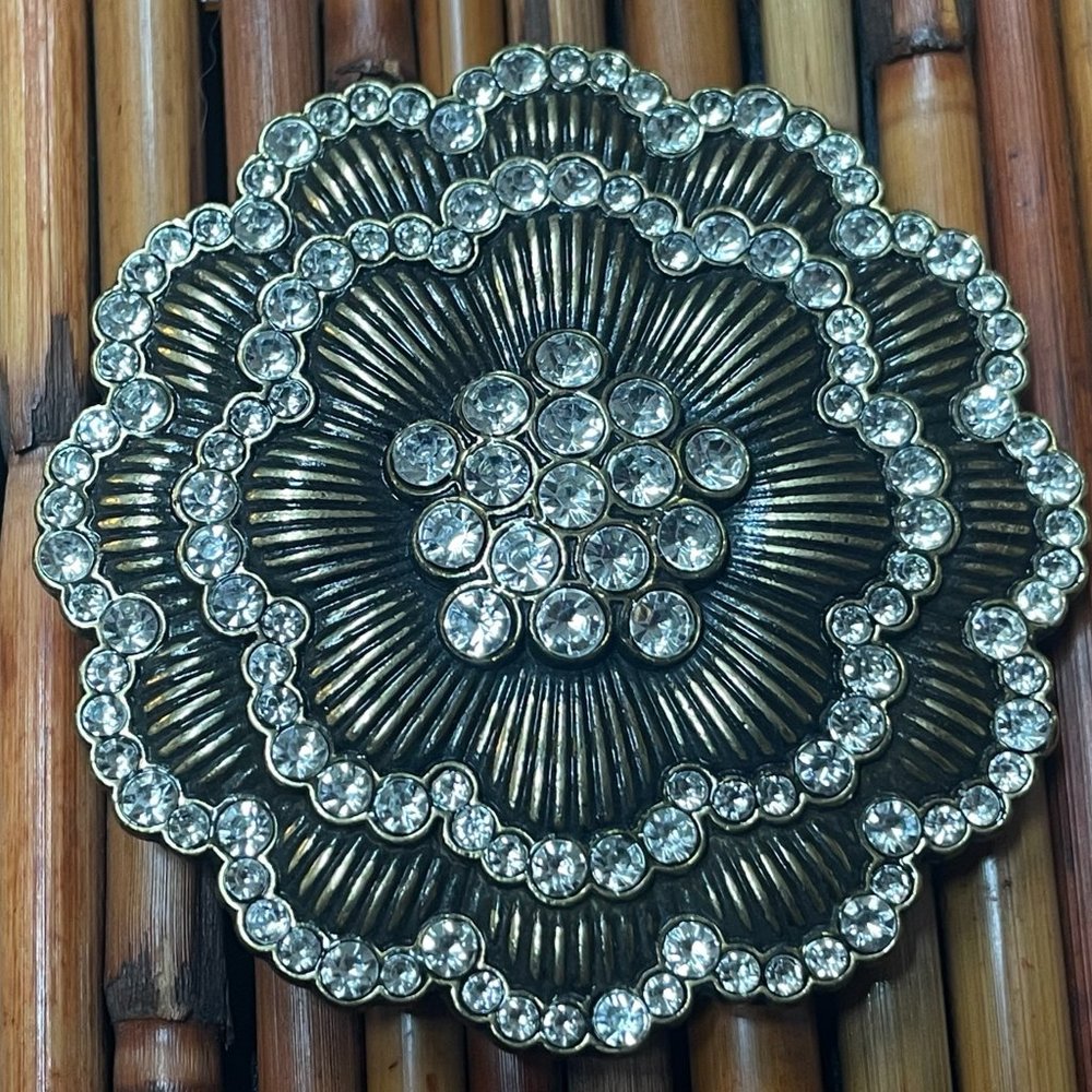 FANCY BELT BUCKLE VINTAGE CRYSTAL RHINESTONES ON BRONZE METAL HUGE 3" SIZE